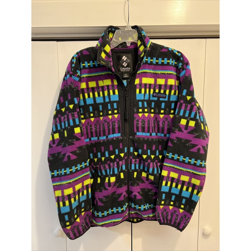 VTG Columbia Sz SMALL Back Bowl Full Zip Fleece RARE Black‎ Multicolor Print